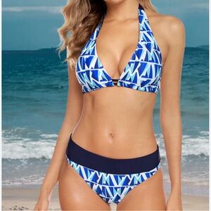 Blue graphic striped push up top women’s Bikini set size Medium - NWOT